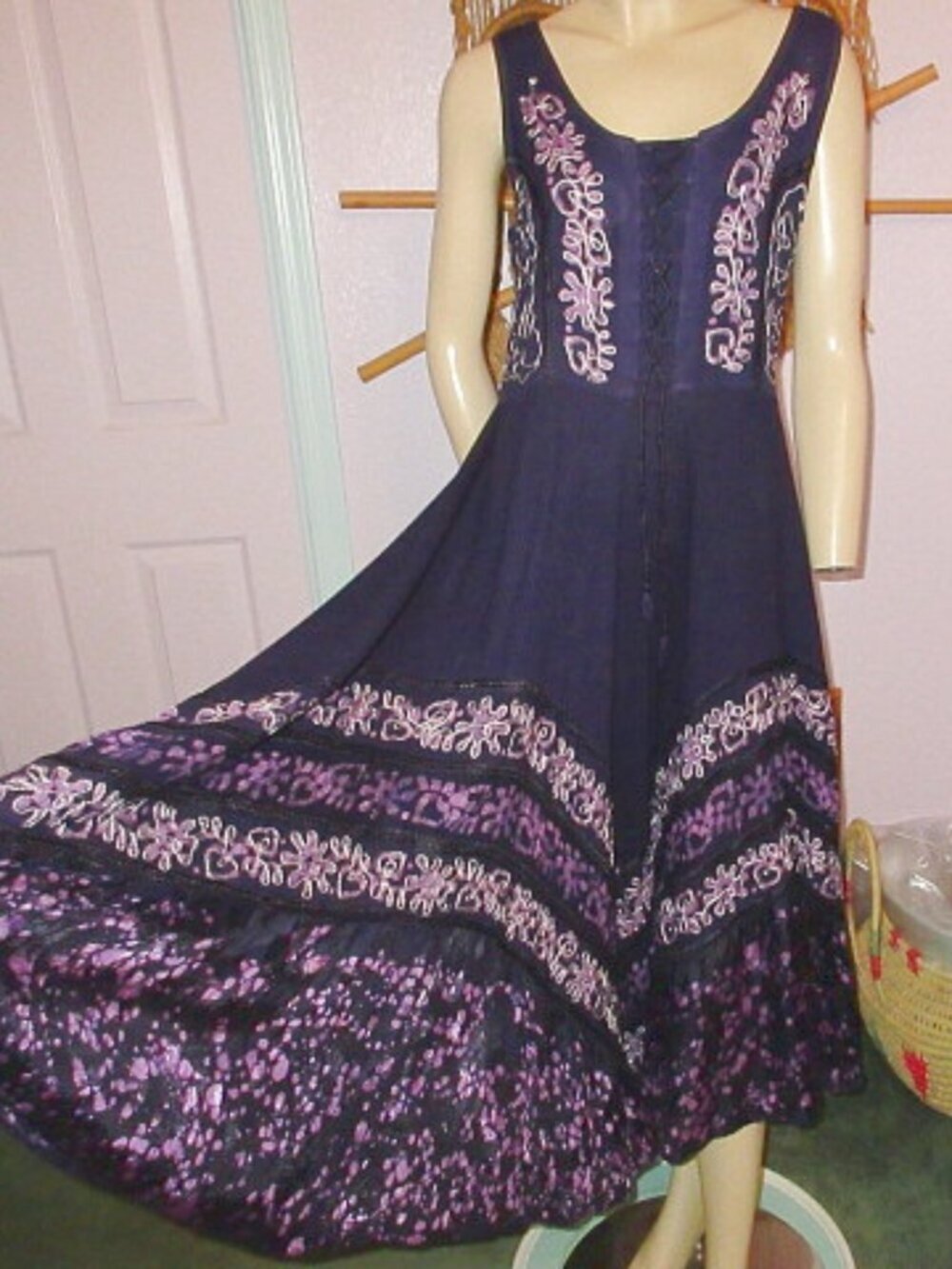 Flower Tiered Embroidered Midi Dress Size M Lace Up Peasant Rennaisance Fairy